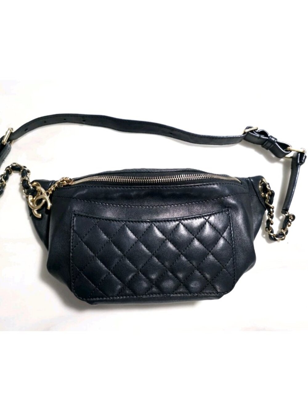 CHANEL Quilted Lambskin Leather Belt Waist Bag Chain Leather Black Pouch Bumbag